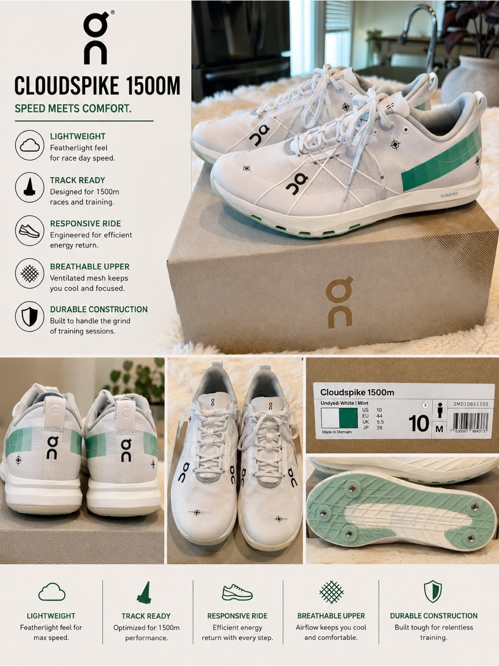 On Running Cloudspike 1500M Mens Sneakers in White & Mint